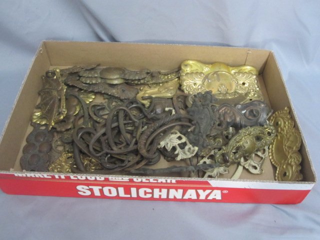 19th Century Brass Furniture Pulls: Large lot of 19th century brass furniture pulls with bails.