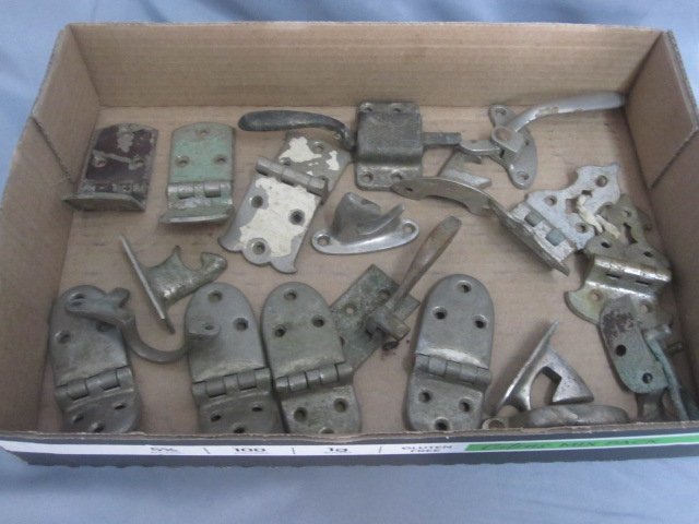 Selection of Antique Ice Box Hardware: Lot includes latches and hinges. Wear with age.