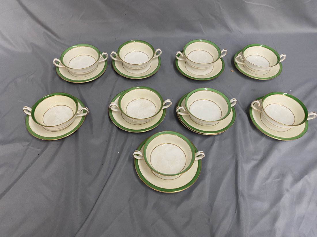 Nine Minton Double Handle Soups: Need cleaned. 6-1/2"W. Good condition.