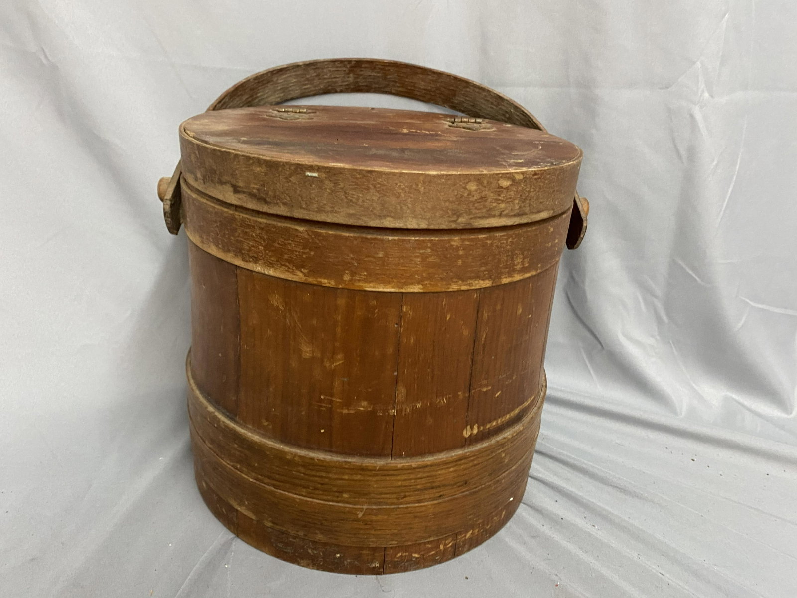 Furkin: Hinged lid, converted for sewing, 10"x10", good condition with wear.