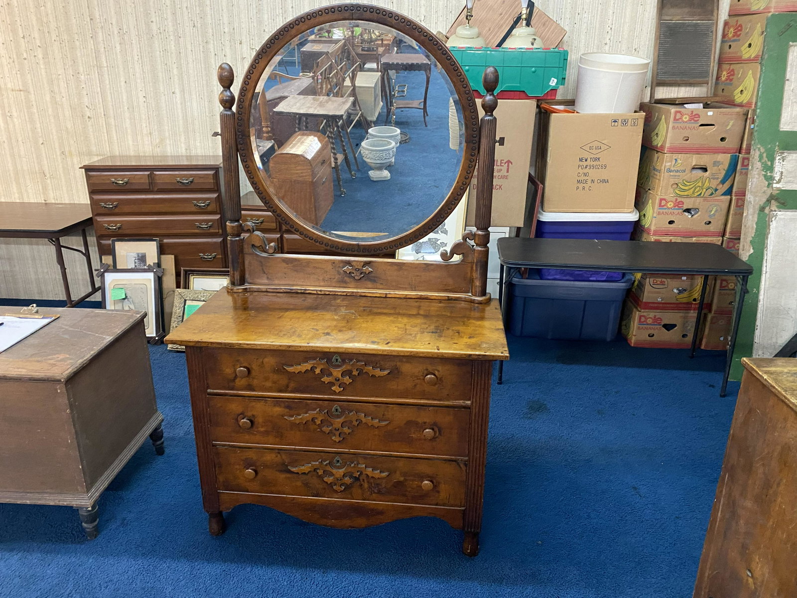 Carved Maple Dresser: Good condition, with wear, crack to mirror frame. 70"Hx42"W.