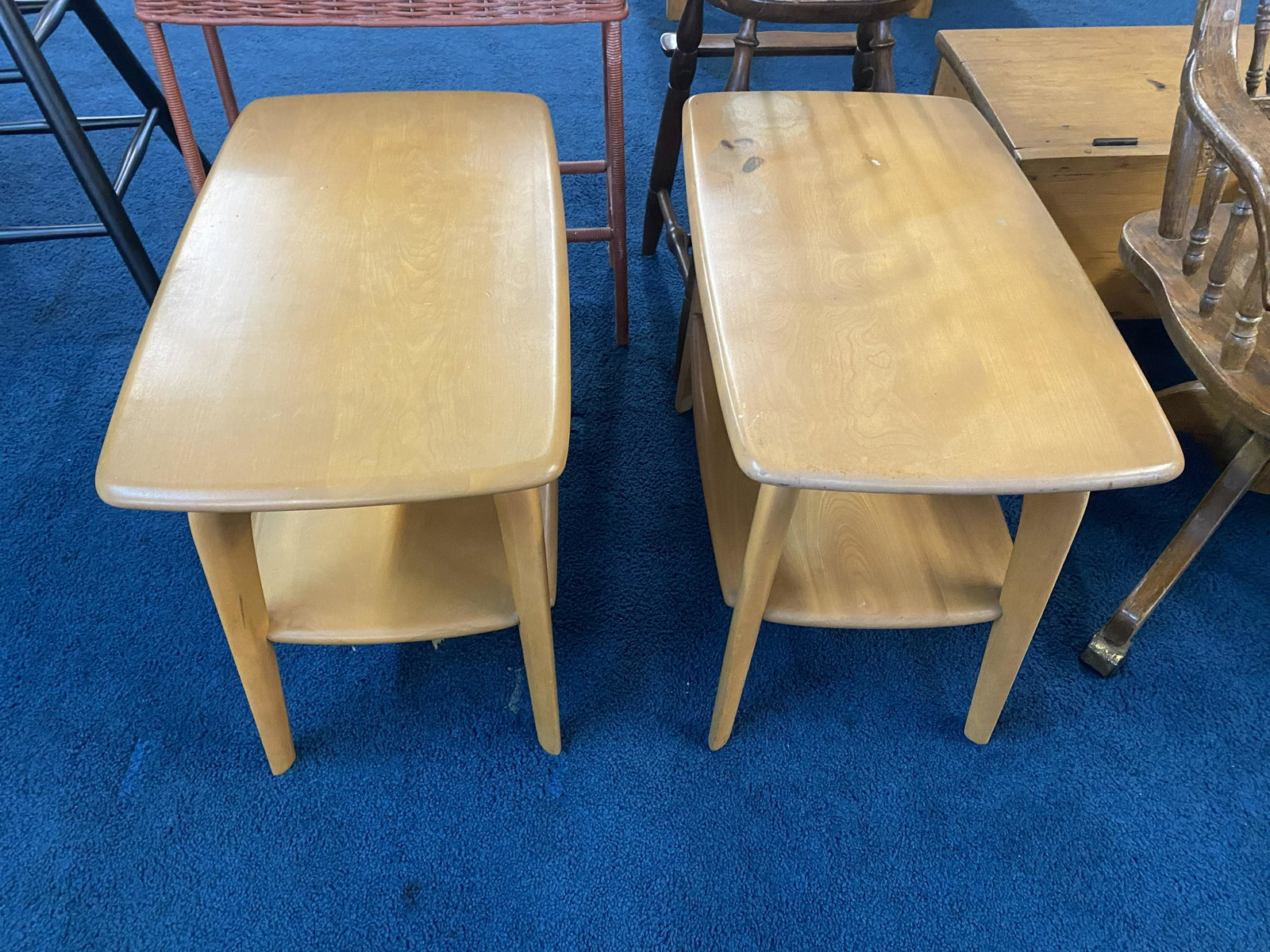 2 Haywood Wakefield Stands: 21"H x 16"W x 28"D. staining to one top.