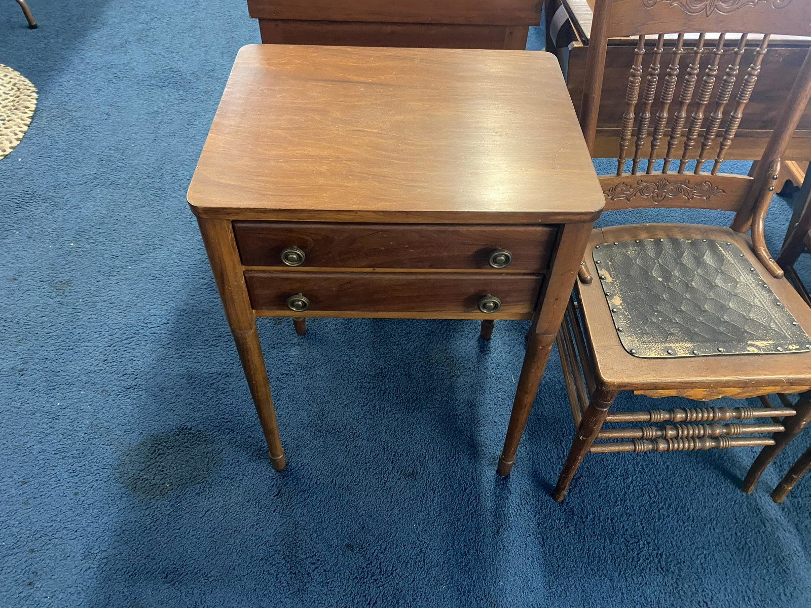 Early Two Drawer Stand: 28\"H x14\"W. Wear consistent with age.