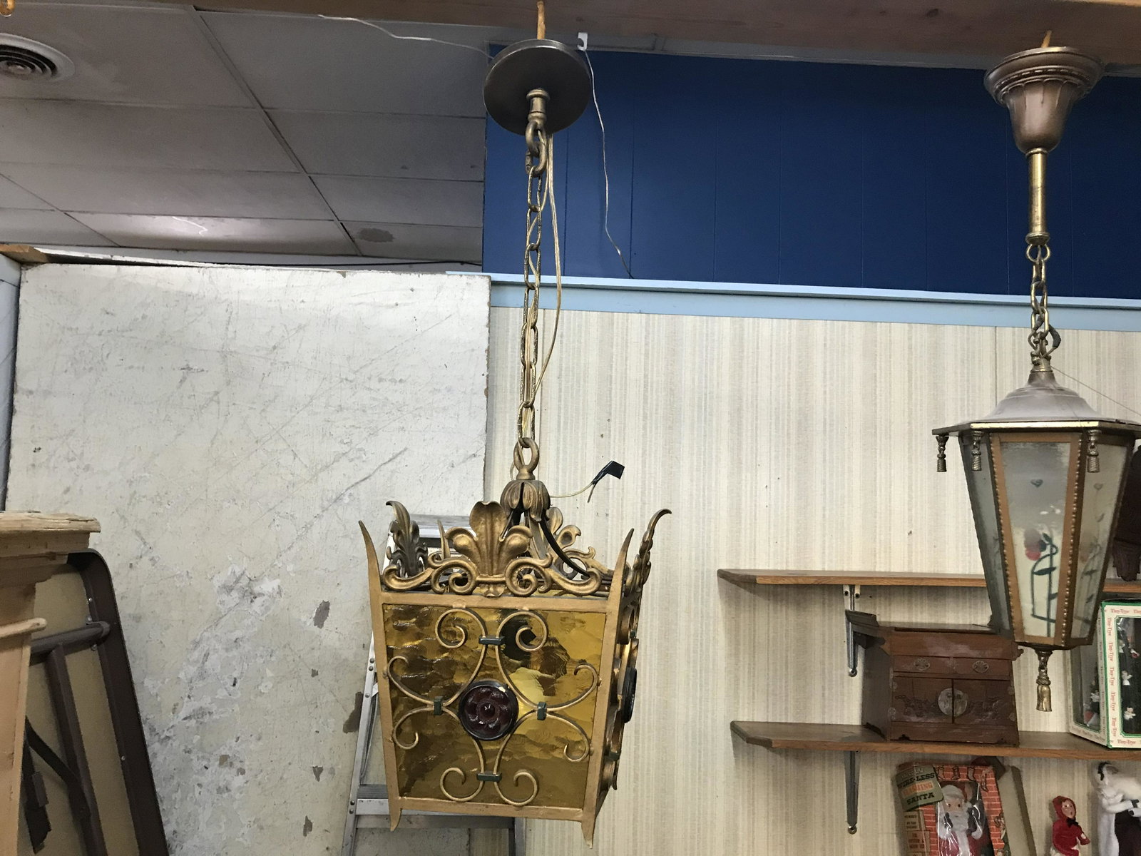 Gilt French Hanging Light: 32"L, shade measures 10"W. No defects noted.