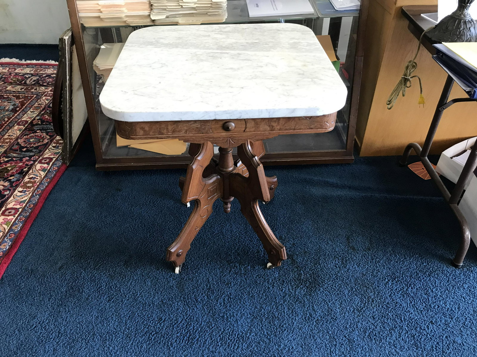 Victorian Marble Top Table: 24"W x 24"H. Old repair to a leg.