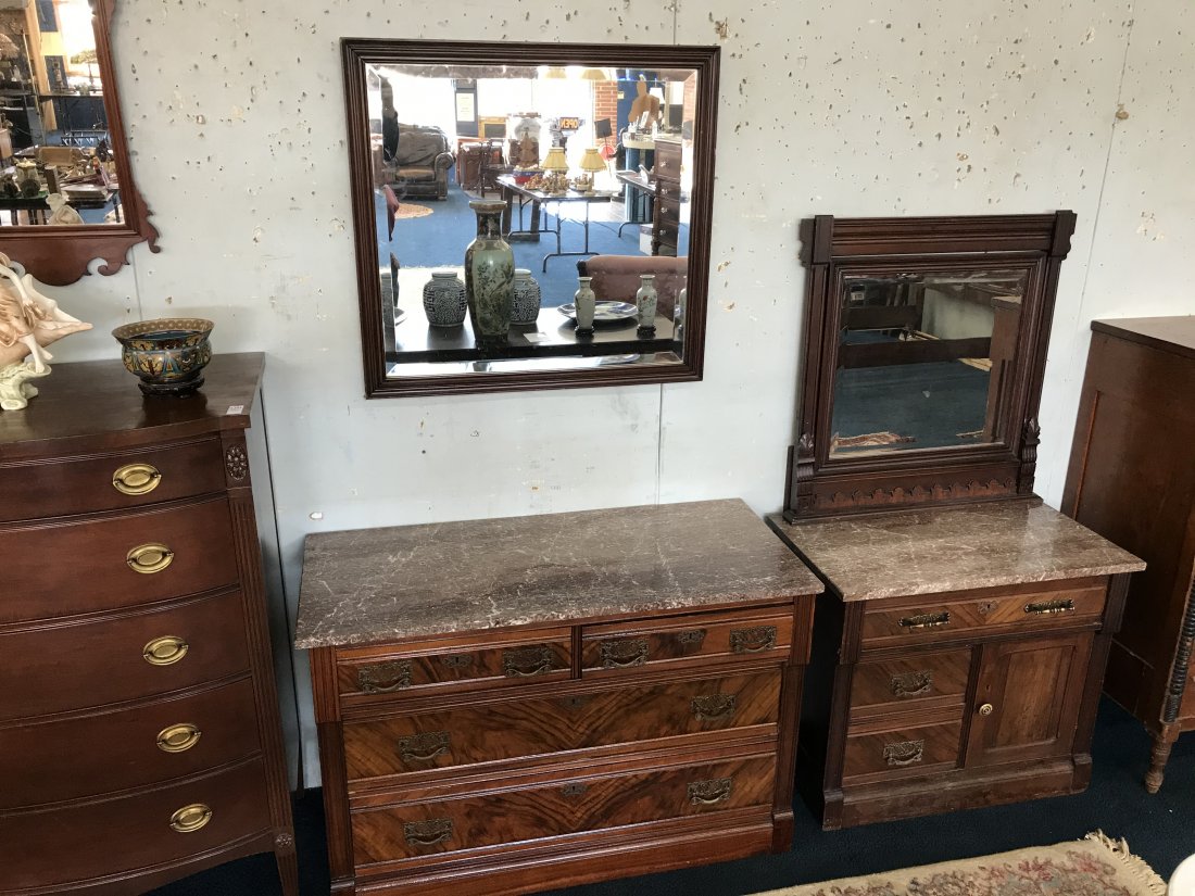 Matching Marble Top dresser & Washstand: Dresser measures 30" H x 44" W x 20" D.Washstand measures 30" H x 31" W x 20" D.