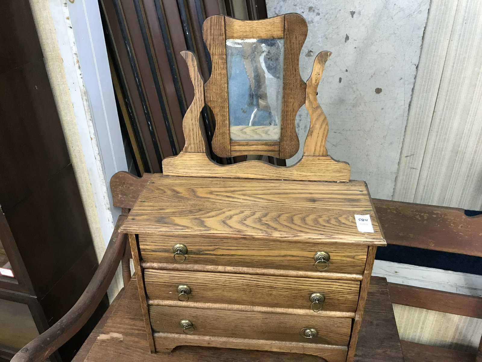 Antique Childs Oak Dresser: 27" H with mirror. 18" W.