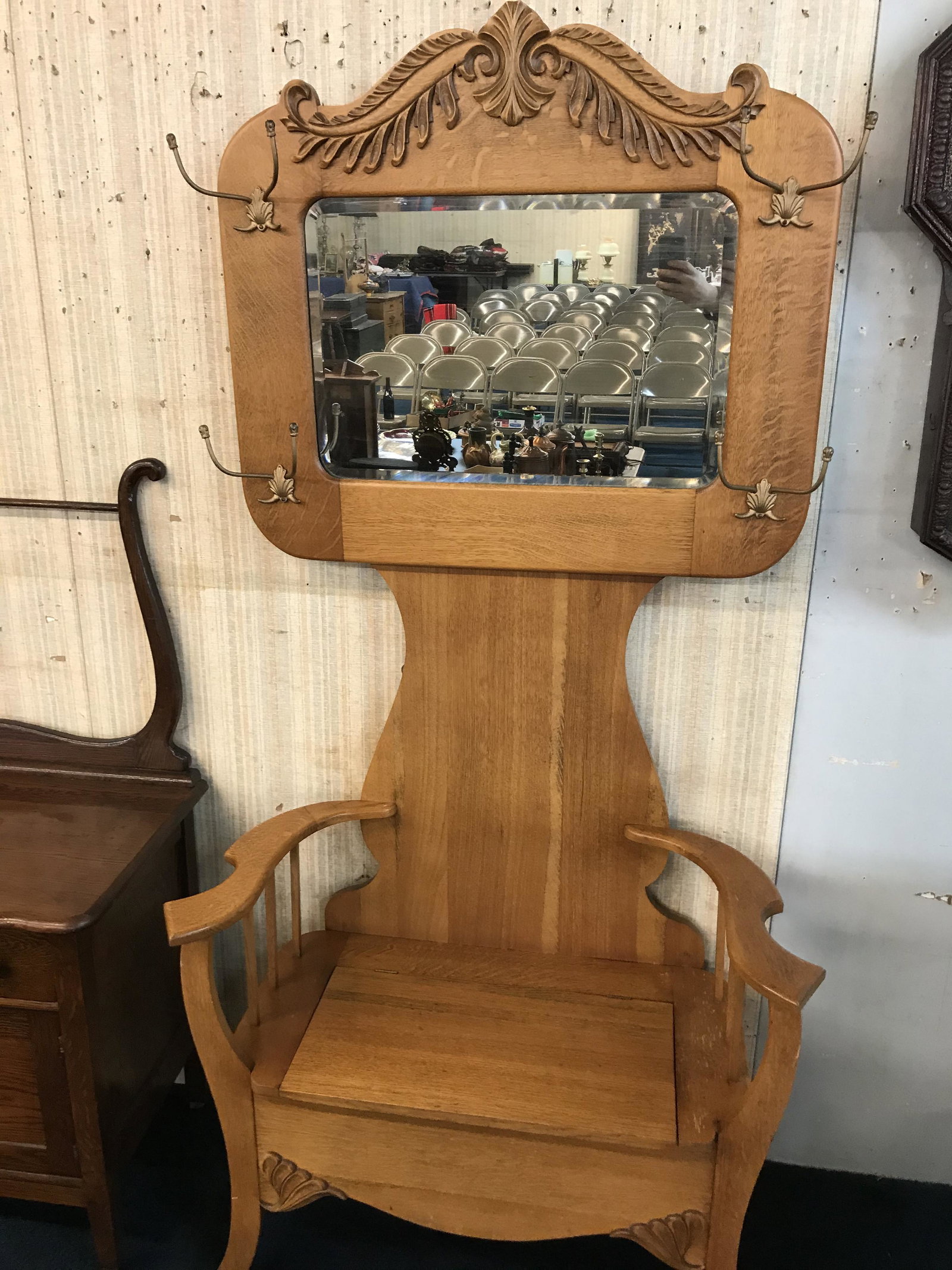 Antique Oak Hall Seat With Matching Hooks: 72" H x 36" W.