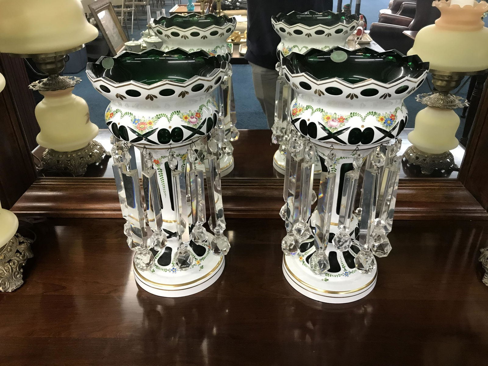 Pair Of Bohemian Hand Painted Mantle Lusters: Measures 16" H x 8" W. Original stickers.