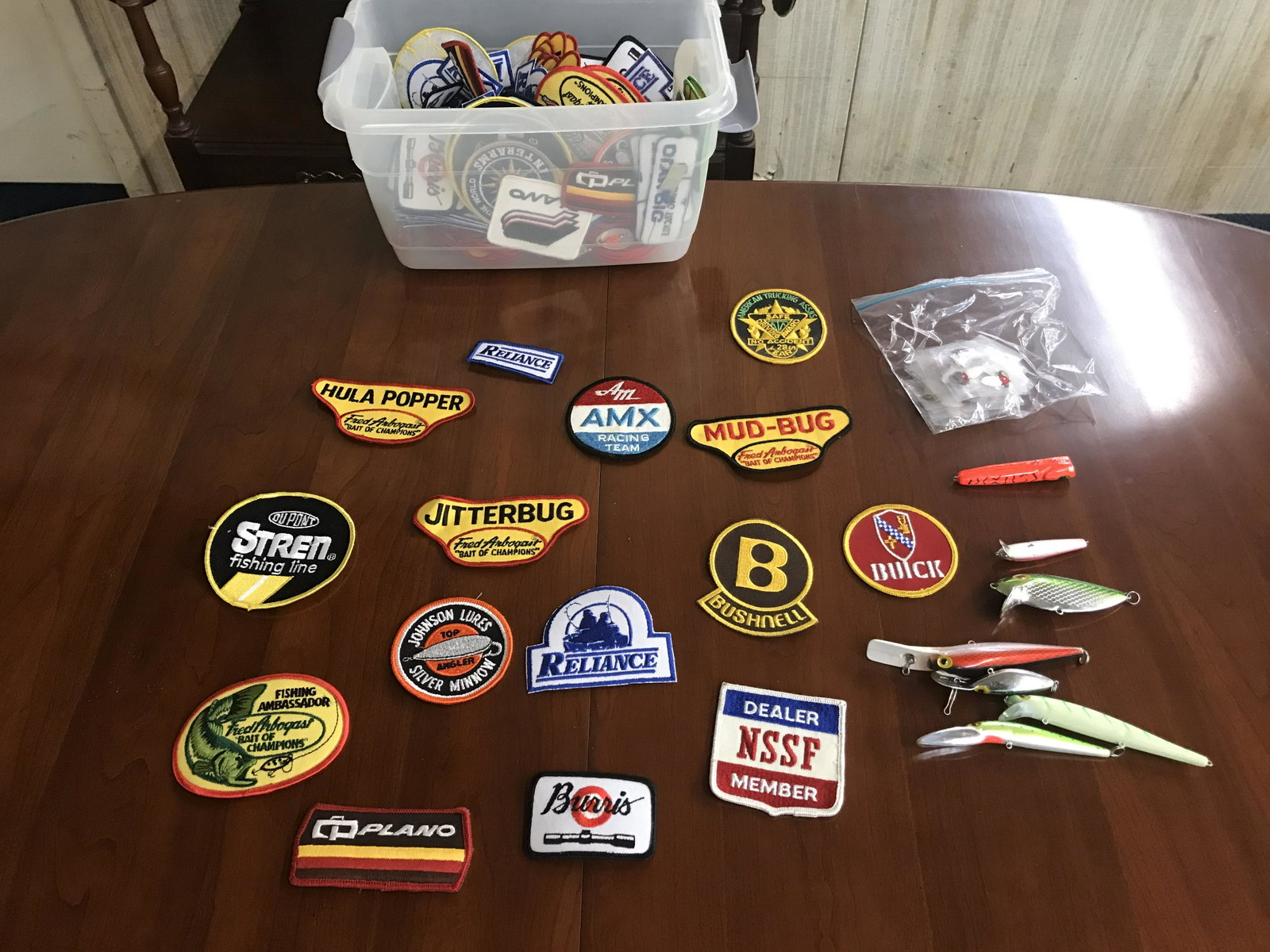 Fishing Lures and Patches: Many patches, some duplicates plus lures