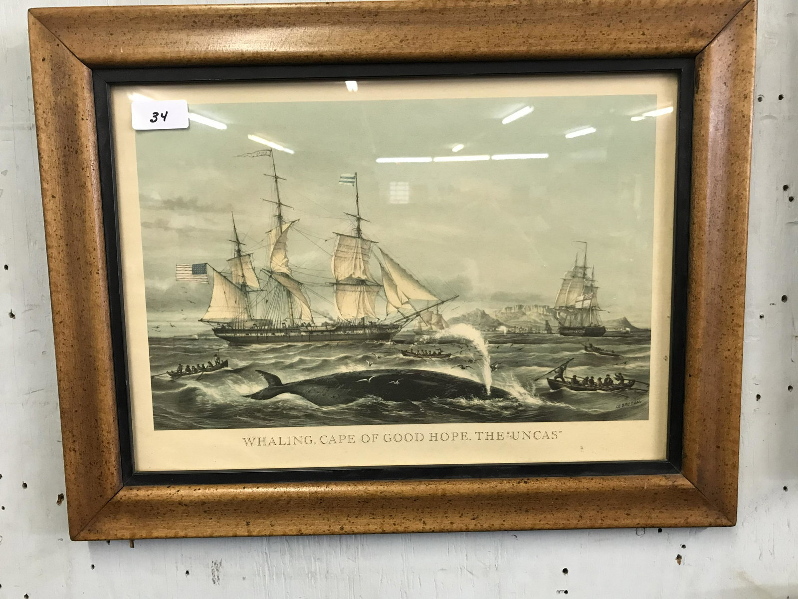 Signed Antique Whaling Print: Birdseye maple frame, 19"x15".
