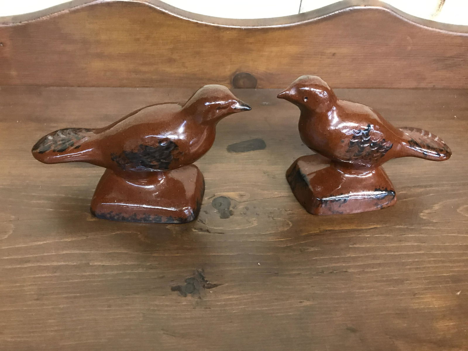 Pair of Foltz Redware Birds: Signed on base. 7"L