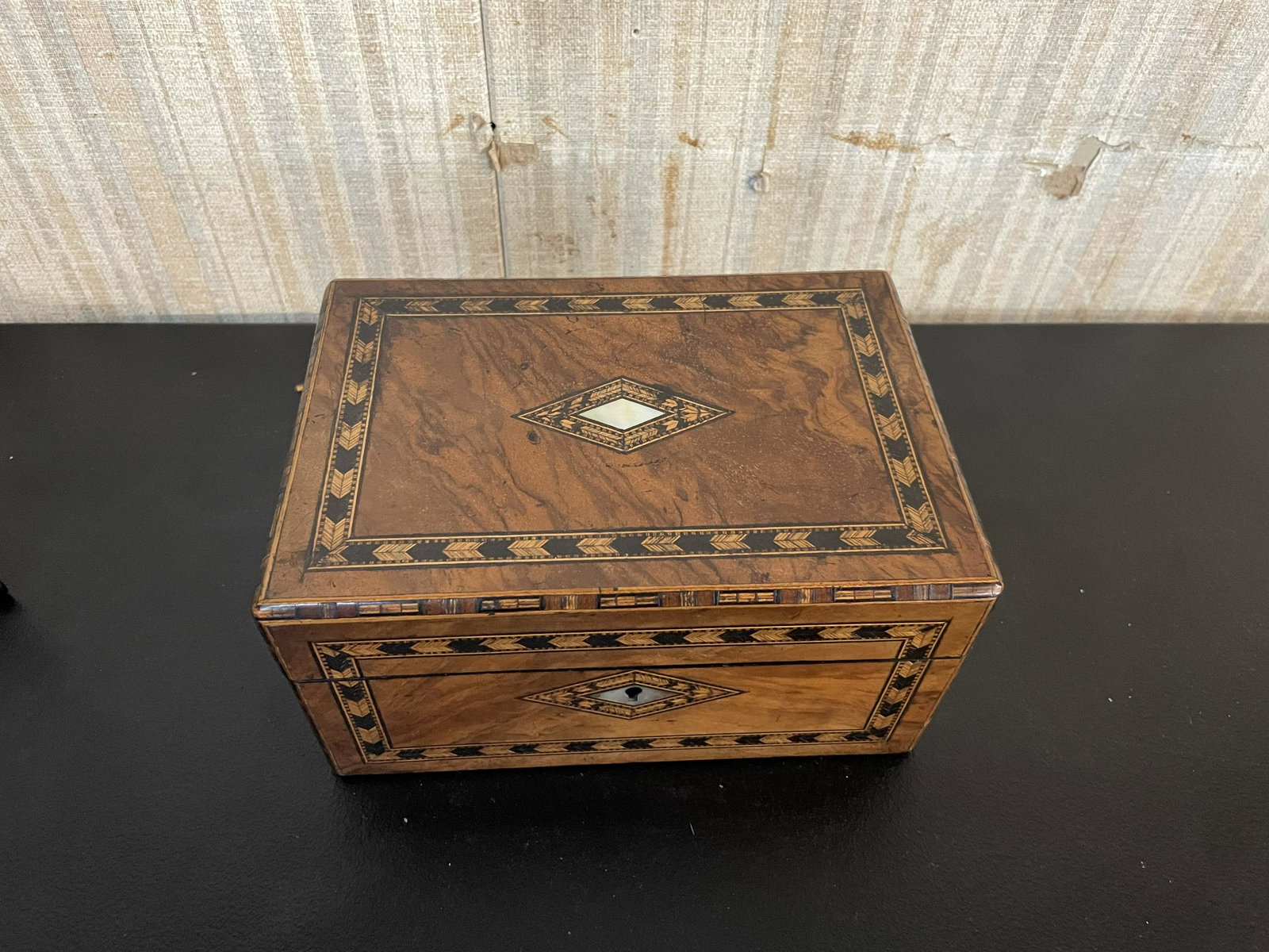 Antique Inlay Dresser Box W/MOP: Box is 9" W x 4.5" H. MOP on top and escutcheon.