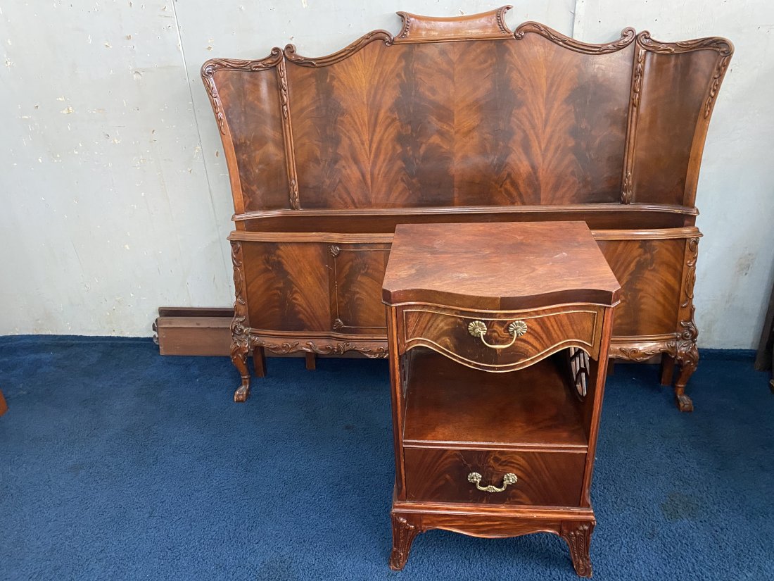 French Style Carved Mahogany Bed & Night Stand: "WBed measures 48"H X 50"W and stand is 30"H X