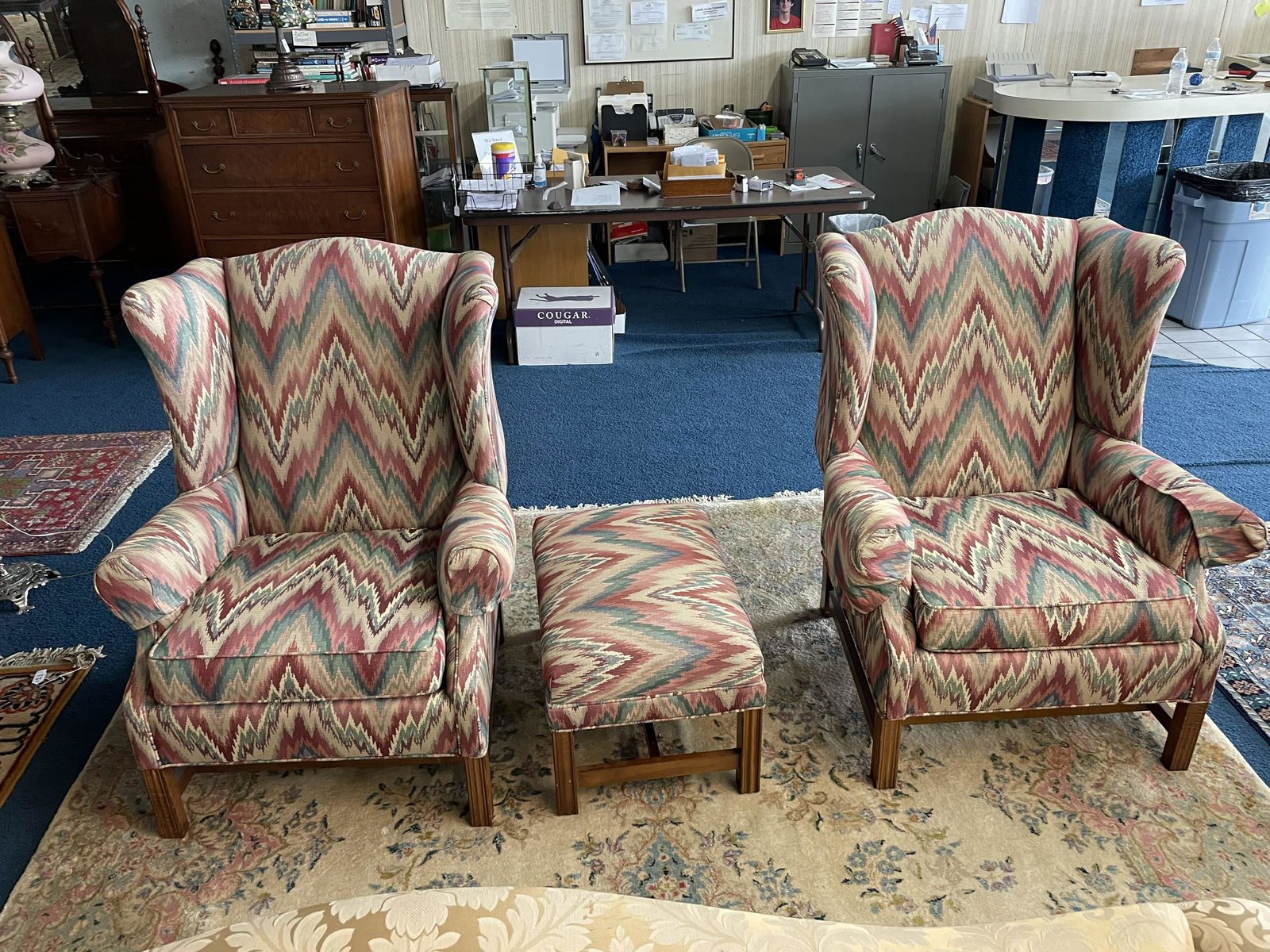 Pair of Pa House Flame Stitch Wing Chairs plus Ottoman (1 of 5)