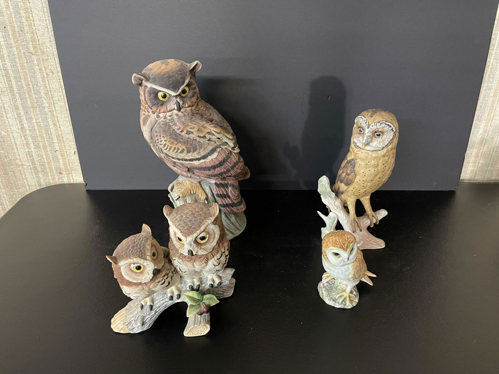 Four Porcelain Owls: One by goebel, beswick and two by Andrea. Largest 11"H