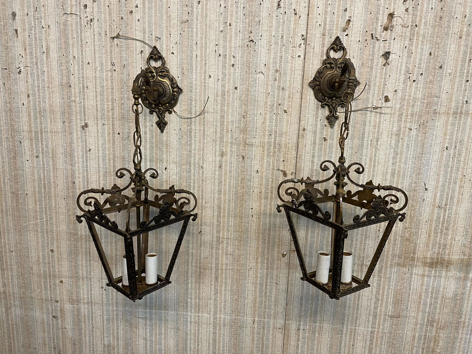 Pair Of Ornate Gilt Hanging Lights: French gilt design. Light measures 15" H x 9" W.