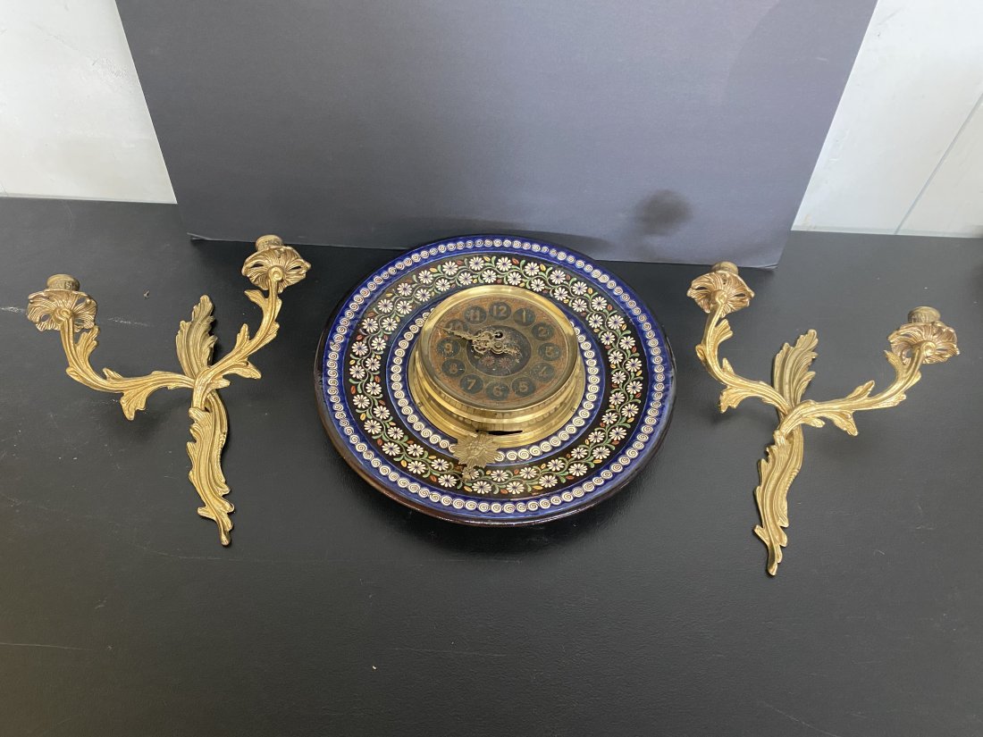 Pair of Brass Sconces and Pottery Charger Wall Clock (1 of 5)