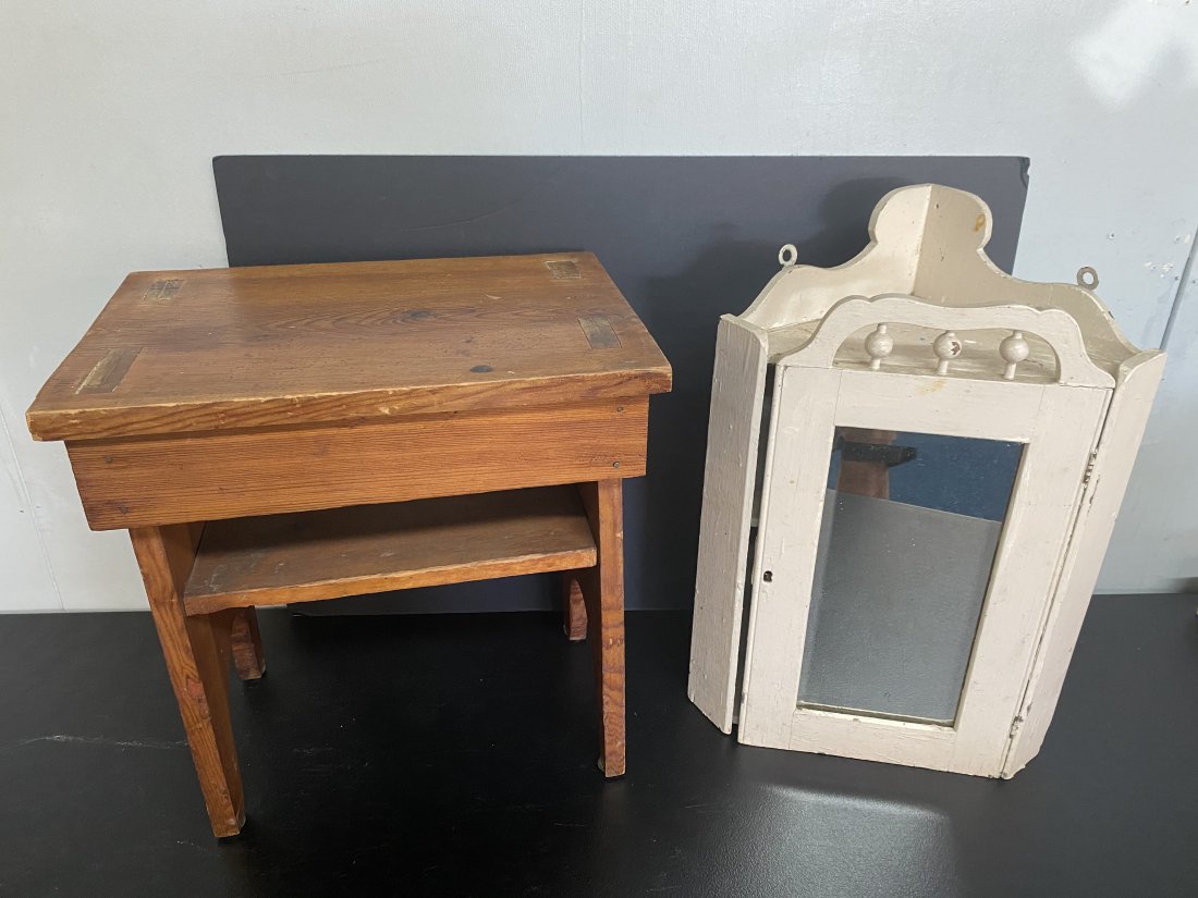 Antique Hanging Corner Cabinet and Mortised Top Stool (1 of 4)