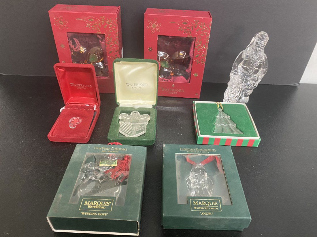 Waterford Christmas Lot: Total 8 pieces, 7 Waterford and 1 is Orrefors, tallest is ^"H and most have original boxes