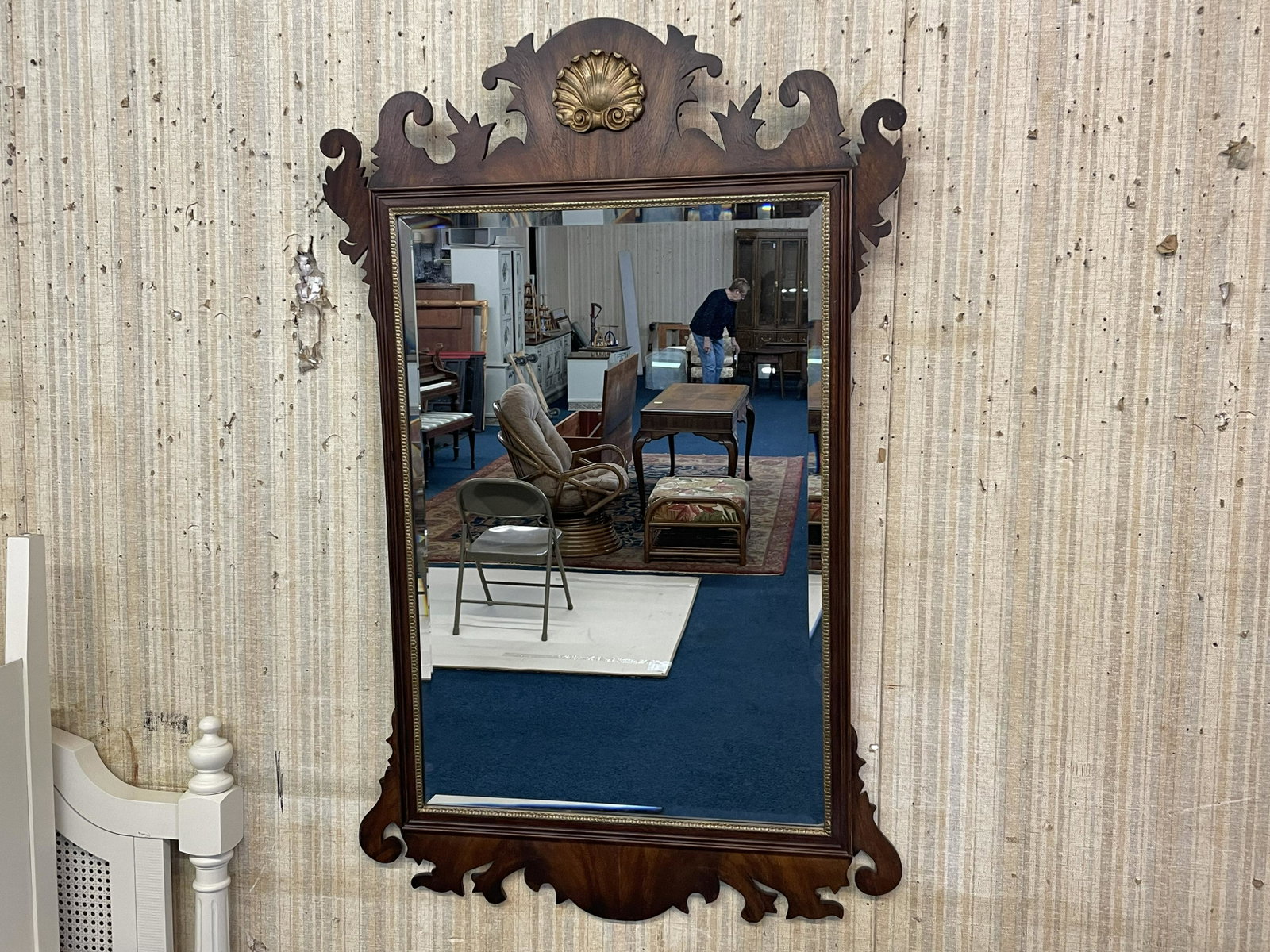 Henkel Harris Chippendale Style Mirror: Stamped on the back, beveled mirror. 47\"Hx30\"W.