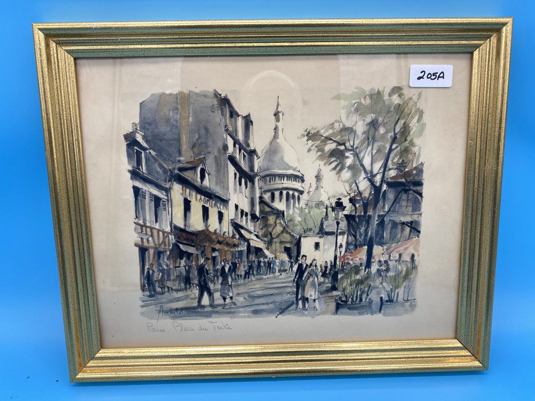 Paris Watercolor by Franz Herbelot: FRAMED VTG WATERCOLOR HERBELOT MID CENTURY "PARIS PLACE DU TERTRE" by Franz Hervelot - French Artist. Frame measures 12" x 16"