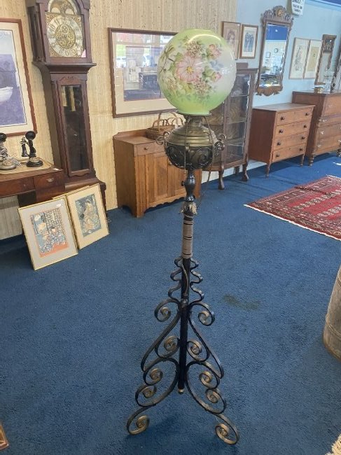 Wrought iron Piano Lamp: Measures 65"H with globe and sits on heavy wrought iron base