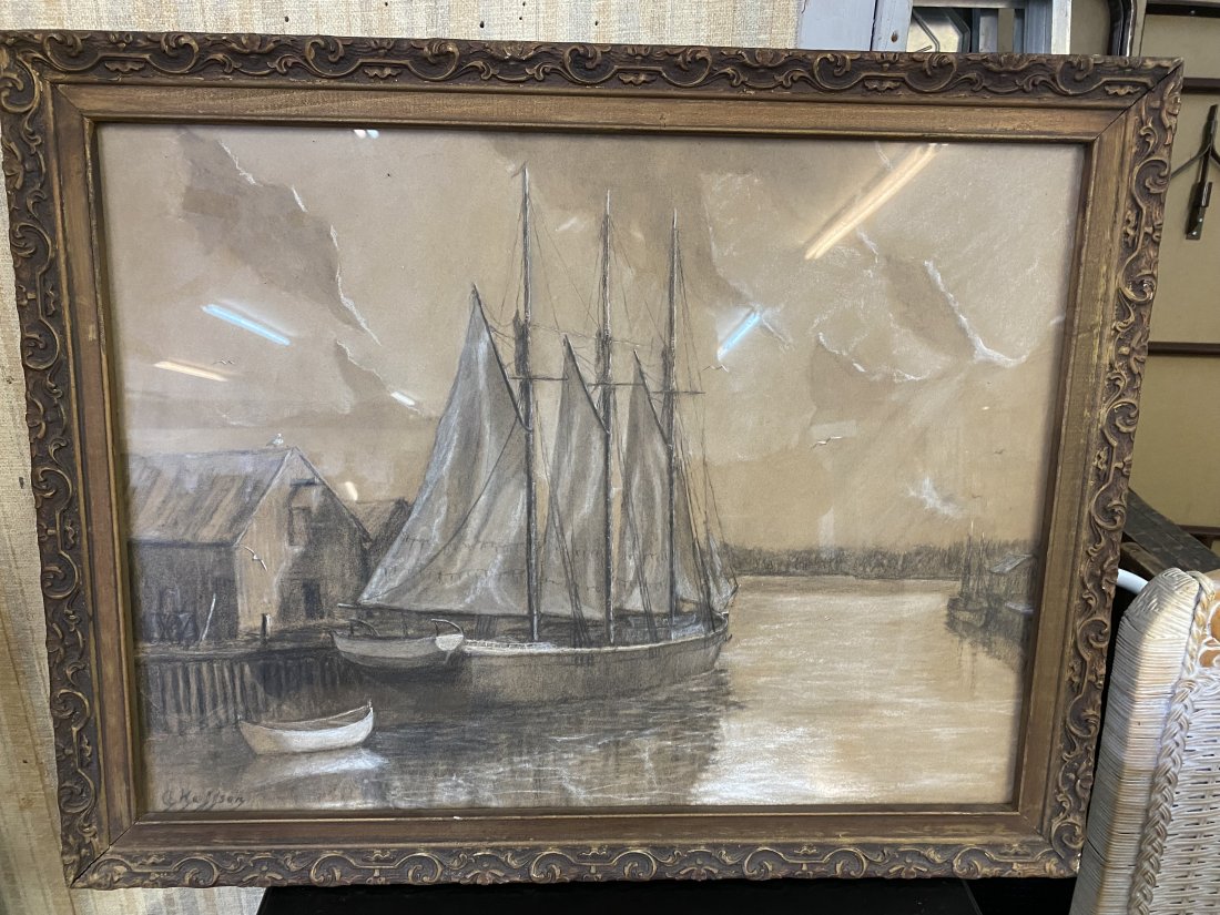 Signed Charcoal Drawing: Drawing of clipper ship is signed in lower left. Frame measures 21"H X 27"W and subject is 18"H X 23"W