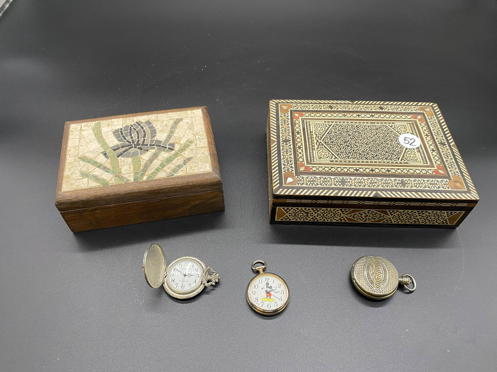 Two Dresser Boxes With Inlay & Three Pocket Watches (1 of 4)