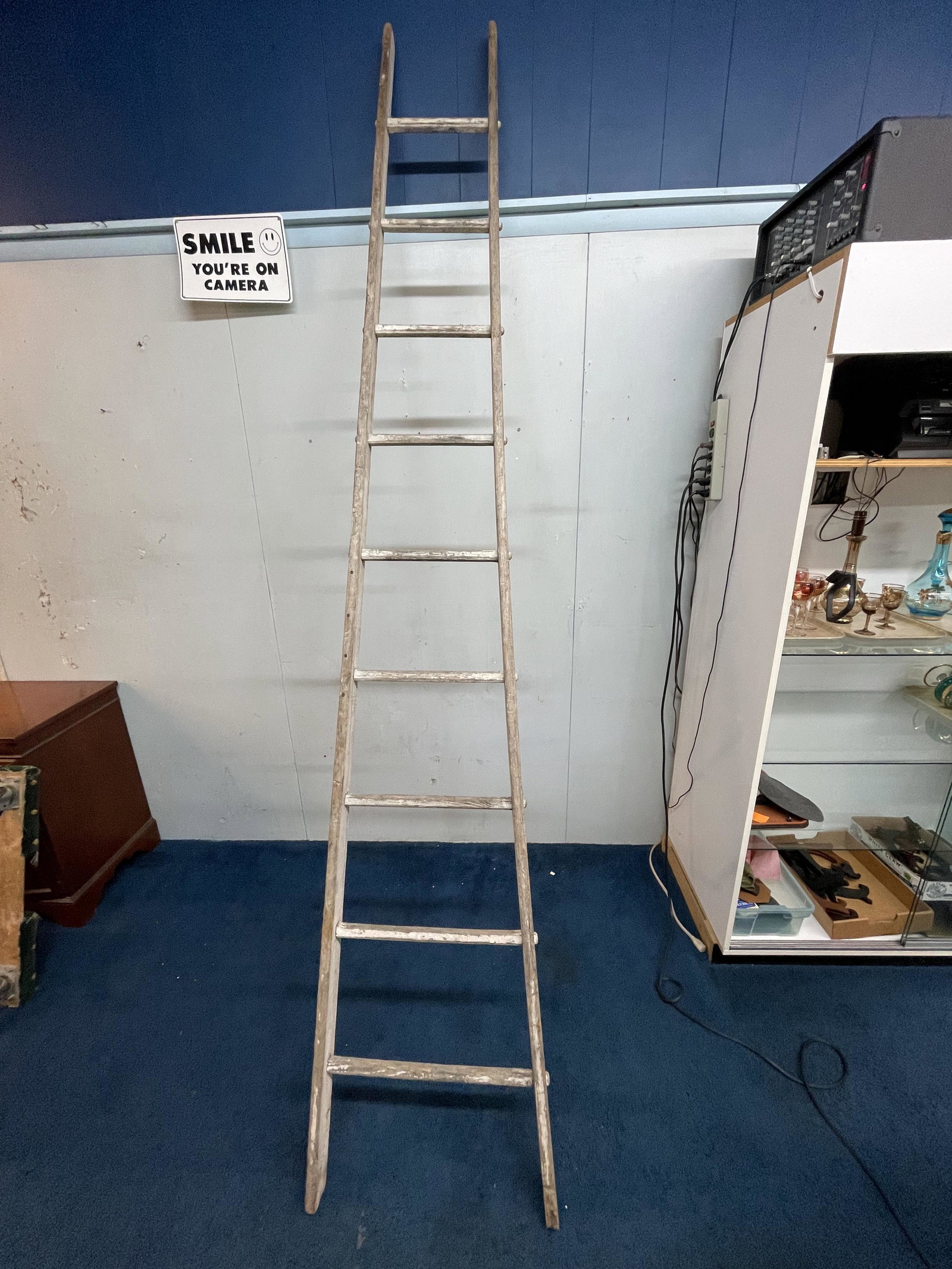 Primitive Painted Ladder: In white paint, mortise through, 120"Hx22"W at widest point, minor paint loss.