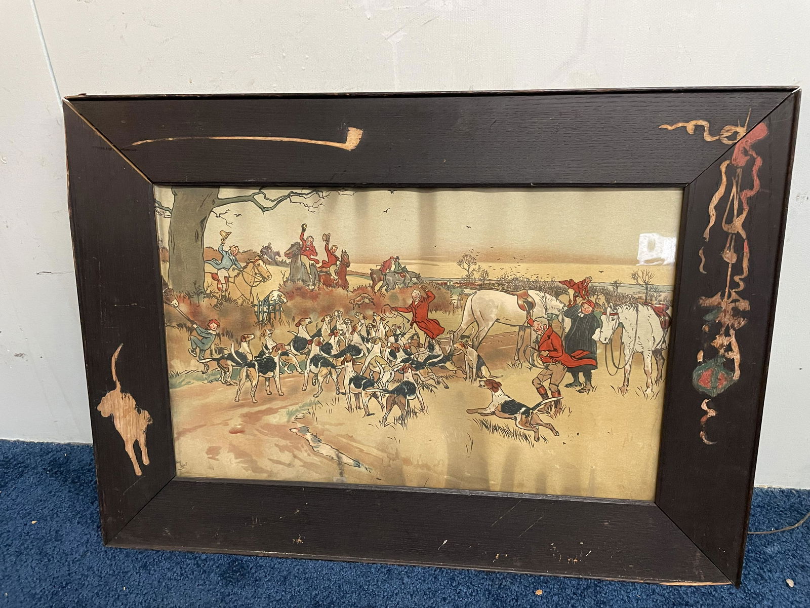 Cecil Aldin Hunt Scene: SLL and dated 1880. In decorated frame, hand done. Hand colored. Has water damage. Frame 32"x23" and exposed 24"x15".
