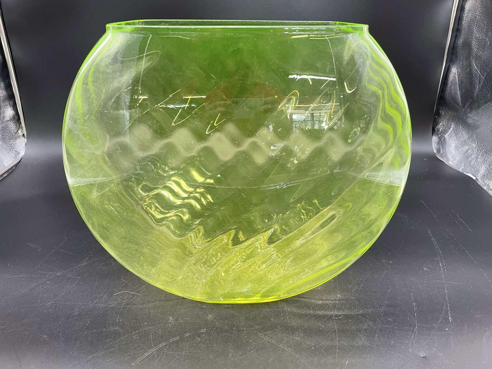 Large Signed Vaseline Glass Swirl Vase (1 of 5)