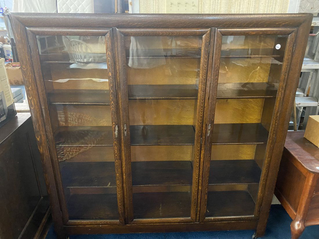 Antique Oak Triple Door Bookcase (1 of 11)