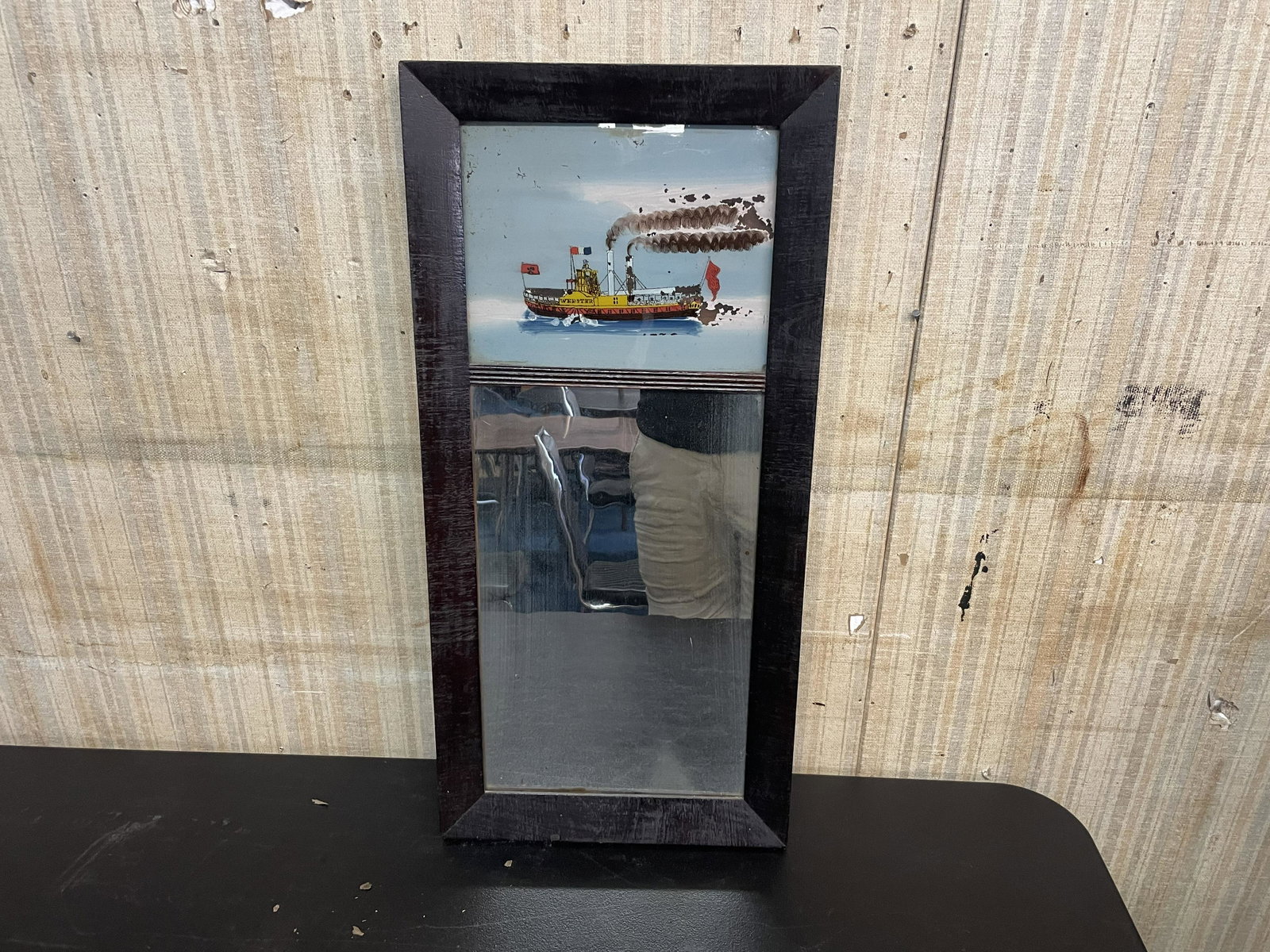 Antique Trumoe Mirror: Steamboat titled "Webster". 28"x13".
