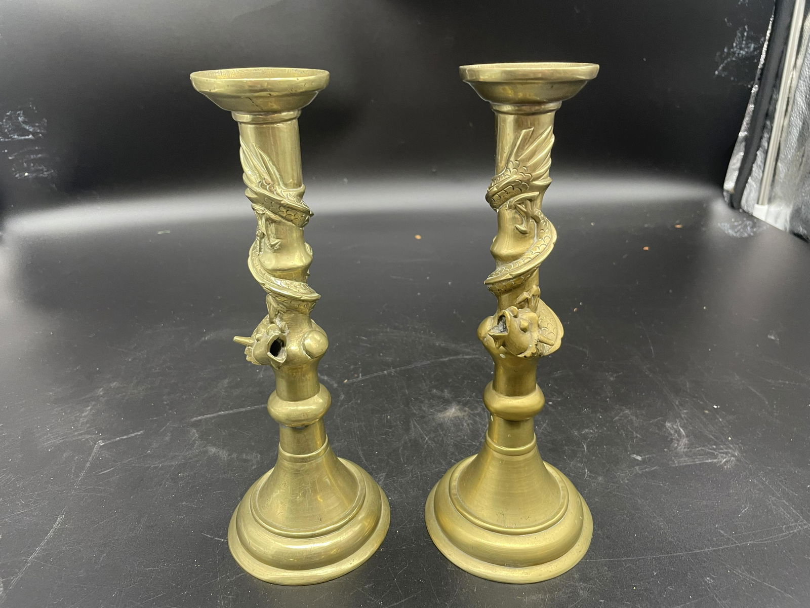 Signed Asian Brass Candlesticks With Dragon Motif (1 of 4)