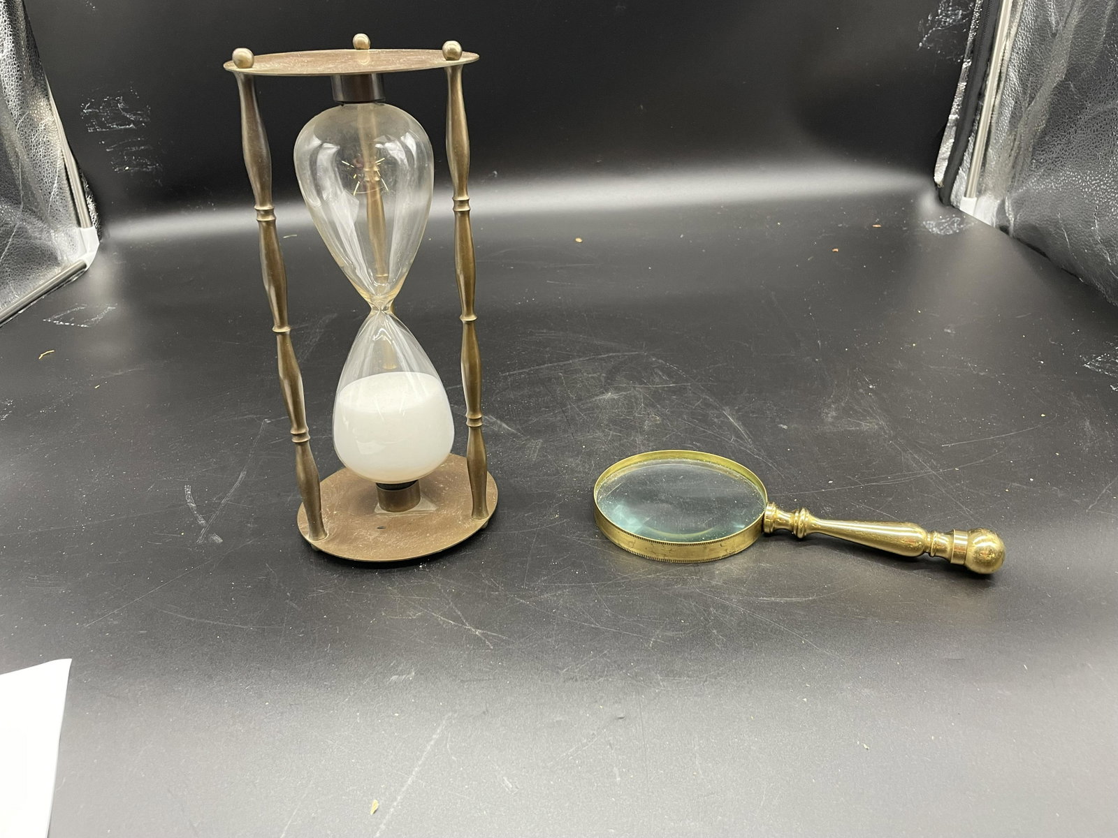 Eclectic Lot: Lot includes magnifying glass and hour glass. Hour glass is 10" H.