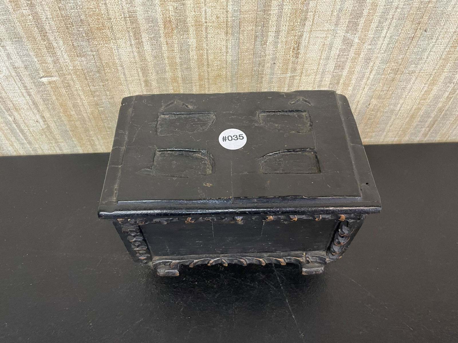 Early Folk Art Tea Caddy: Has a wooden body with folk art carvings & applications. Has snipe hinges. One ball foot is replaced with post, shows wear. Has two zinc tea containers on interior. Made in New England.