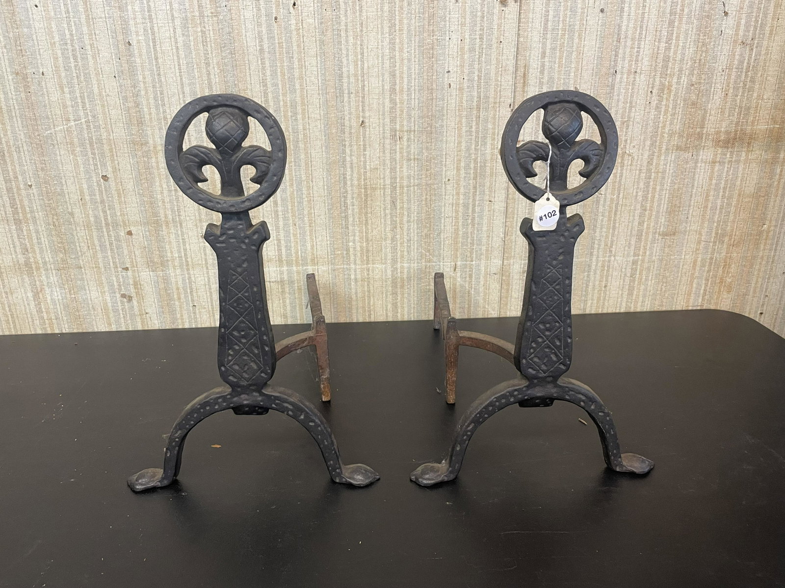 Pair Of Heavy Cast Arts & Crafts Fleur De Les Andirons: Each with A Fleur De Les in a circle at top. 19" H.
