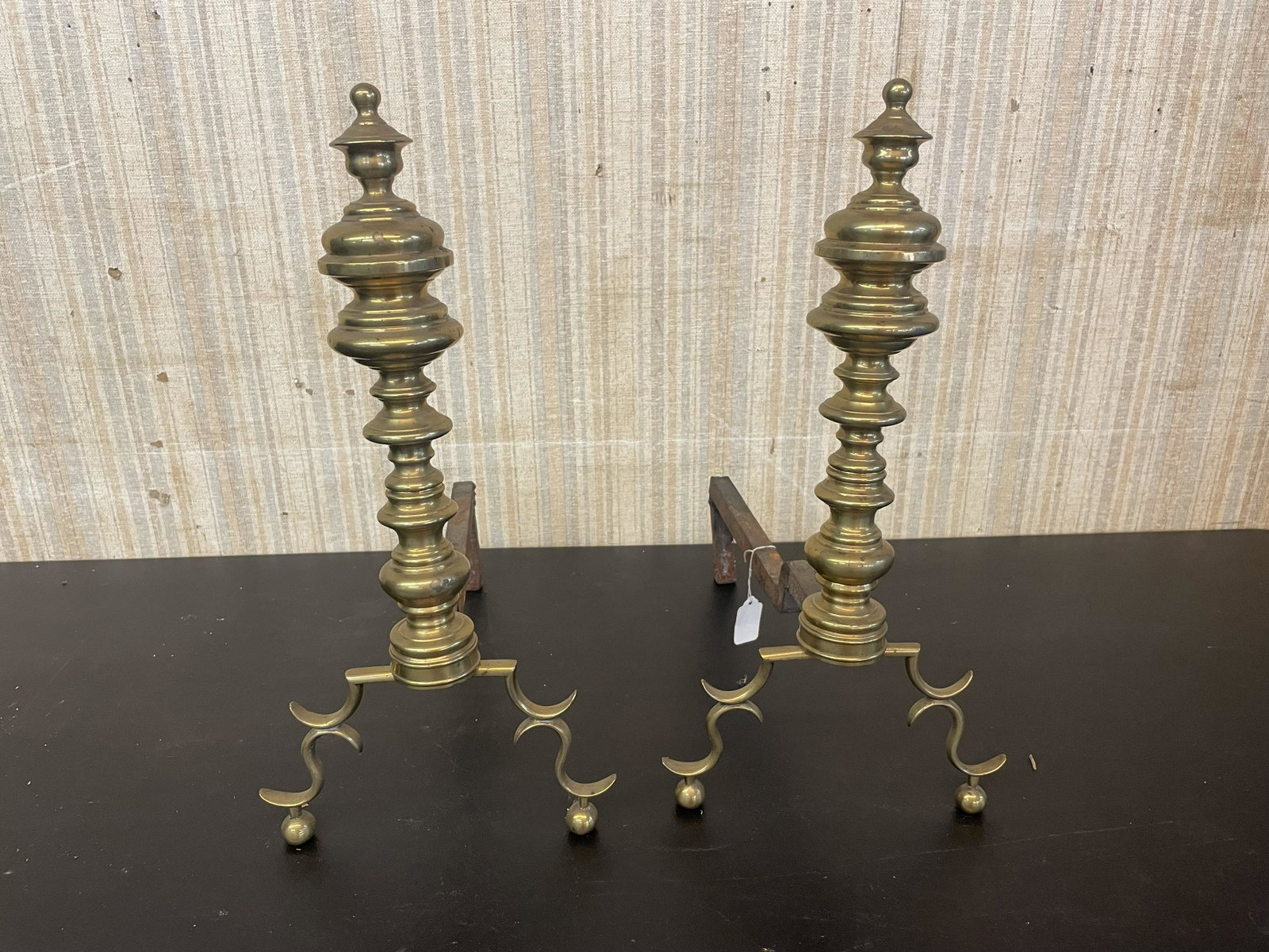 Pair Of Federal Style Andirons: Pair of classical federal style andirons on tall feet. Brass with cast iron dog, measure 19" H 14.5 to end of dog.