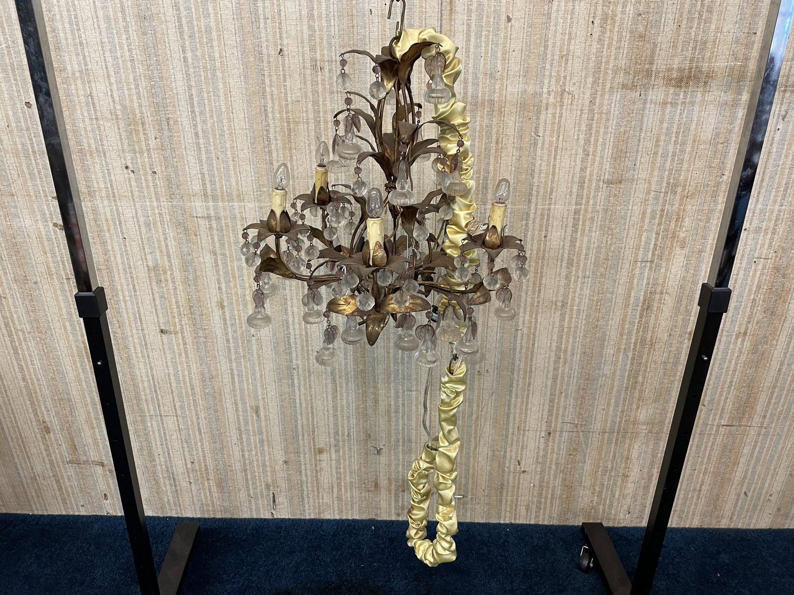 Italian Wire Art Gilt Chandelier: Item is constructed on gilded wire & sheet metal. HAs both pear shaped & fasted ball crystals. Measures 17" H not including hanger chain, 16.5" in diameter.