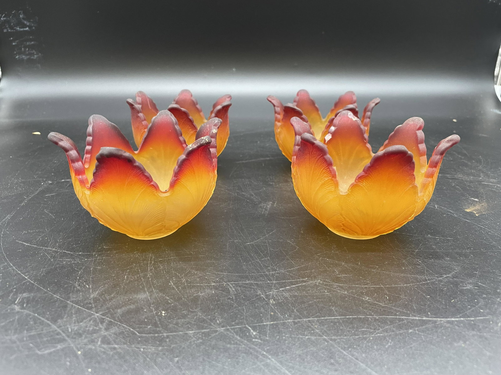 Four Antique Frosted Glass Shades: Two color frosted glass shades, 1.25"W at fittings, 4"x2.25"W.