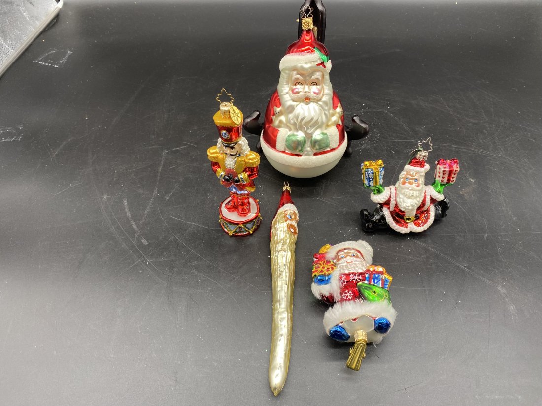Five Christopher Radko Christmas Ornaments: Largest measures 9" long and smallest is 4"