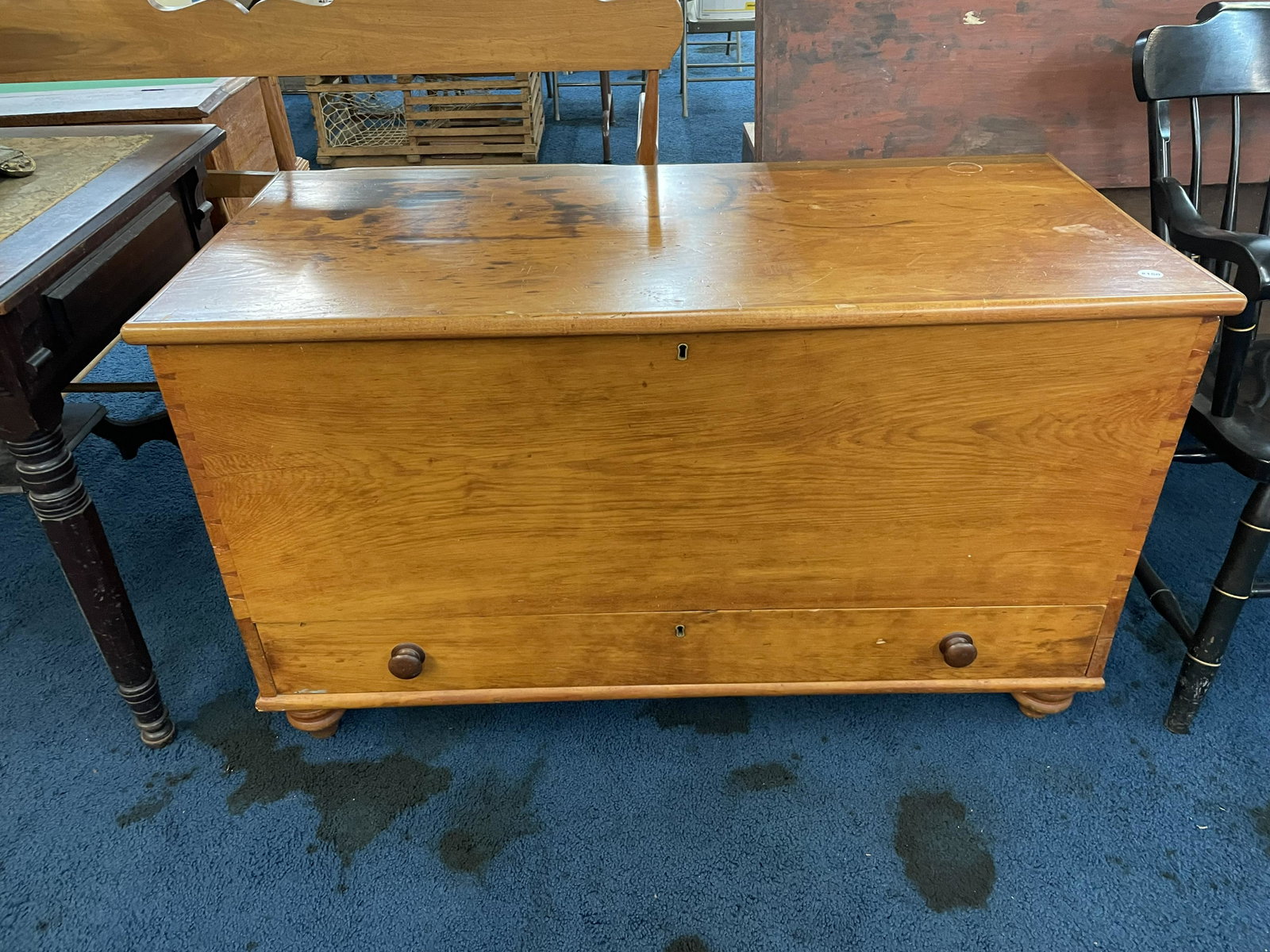 Antique Softwood Dower Chest: Dovetail construction. Includes lower drawer & original hardware. Measures 29" x 48" x22".