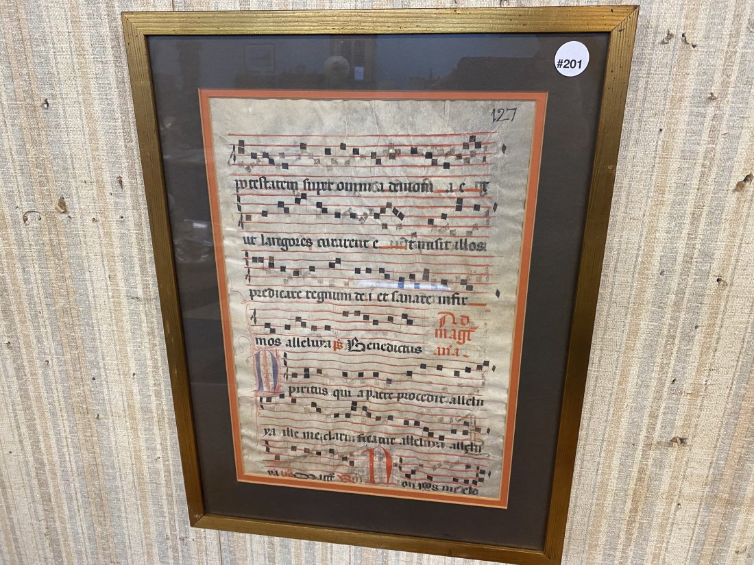 German Music Notes on Parchment: Frame 21"x16" and exposed 19"x14". In German