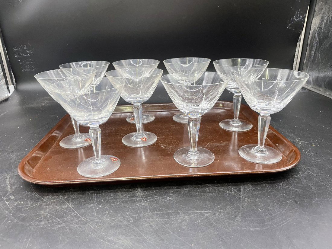 Nine Orrefors Champagnes: some have original stickers, all signed on base. 5.5"H.