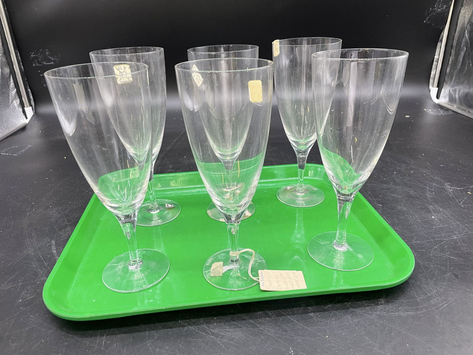 Six Orrefors Caprice Champanges: original stickers, have john wanamakers tags. 8"H.