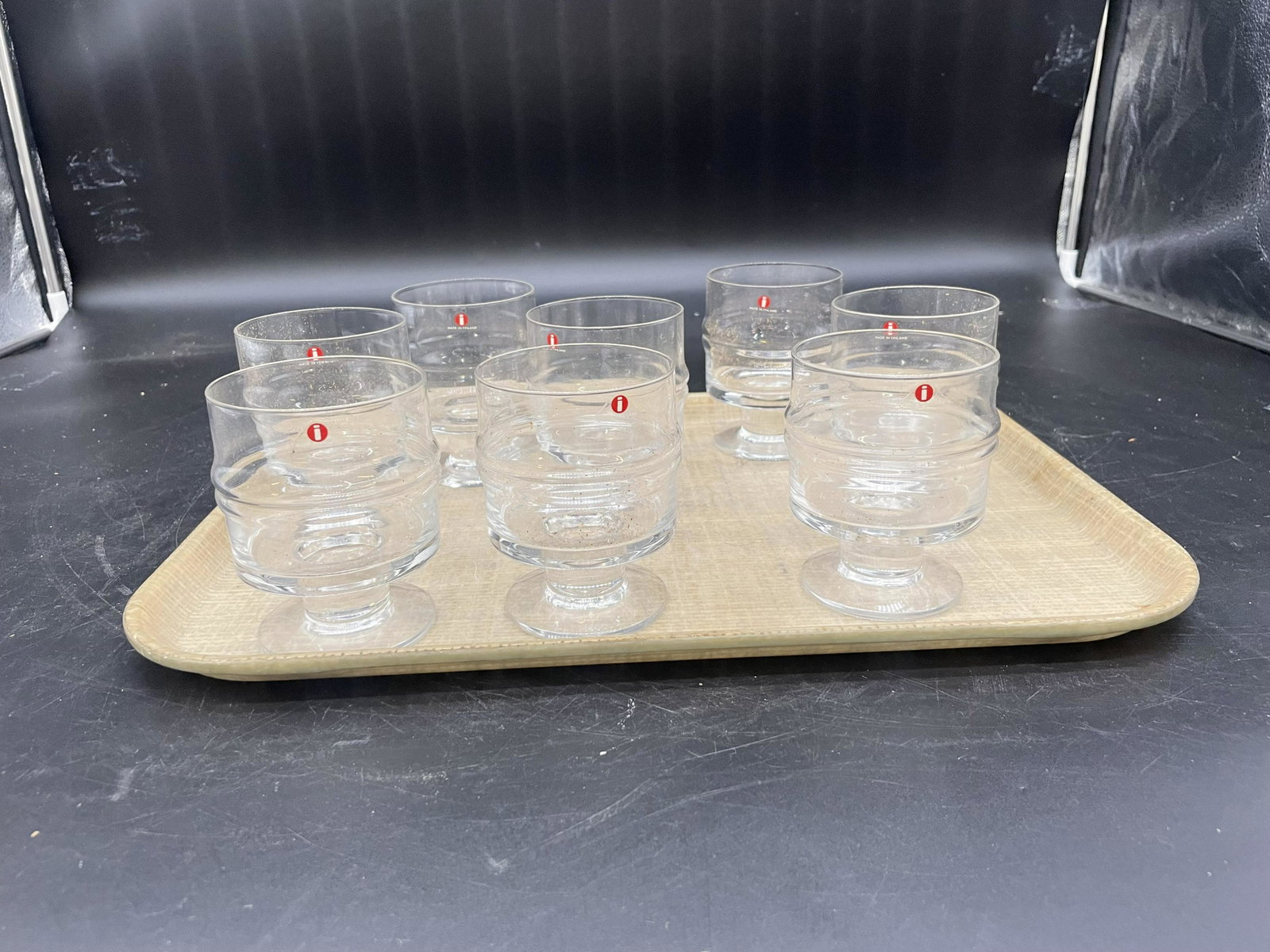 Set of Eight Iittala Tumblers: made in finland, mid century style, original sticker. 4"H.
