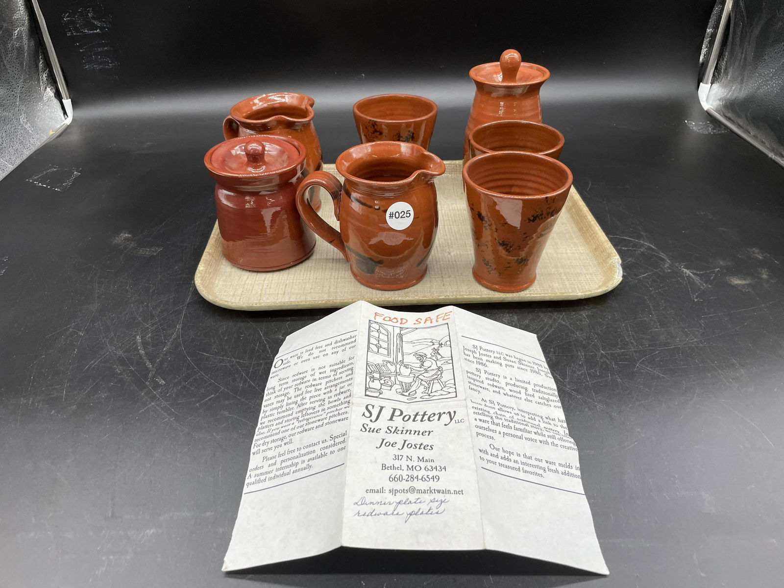 Seven Pieces Signed Redware: Signed SJ Pottery. Largest measures 6" H.