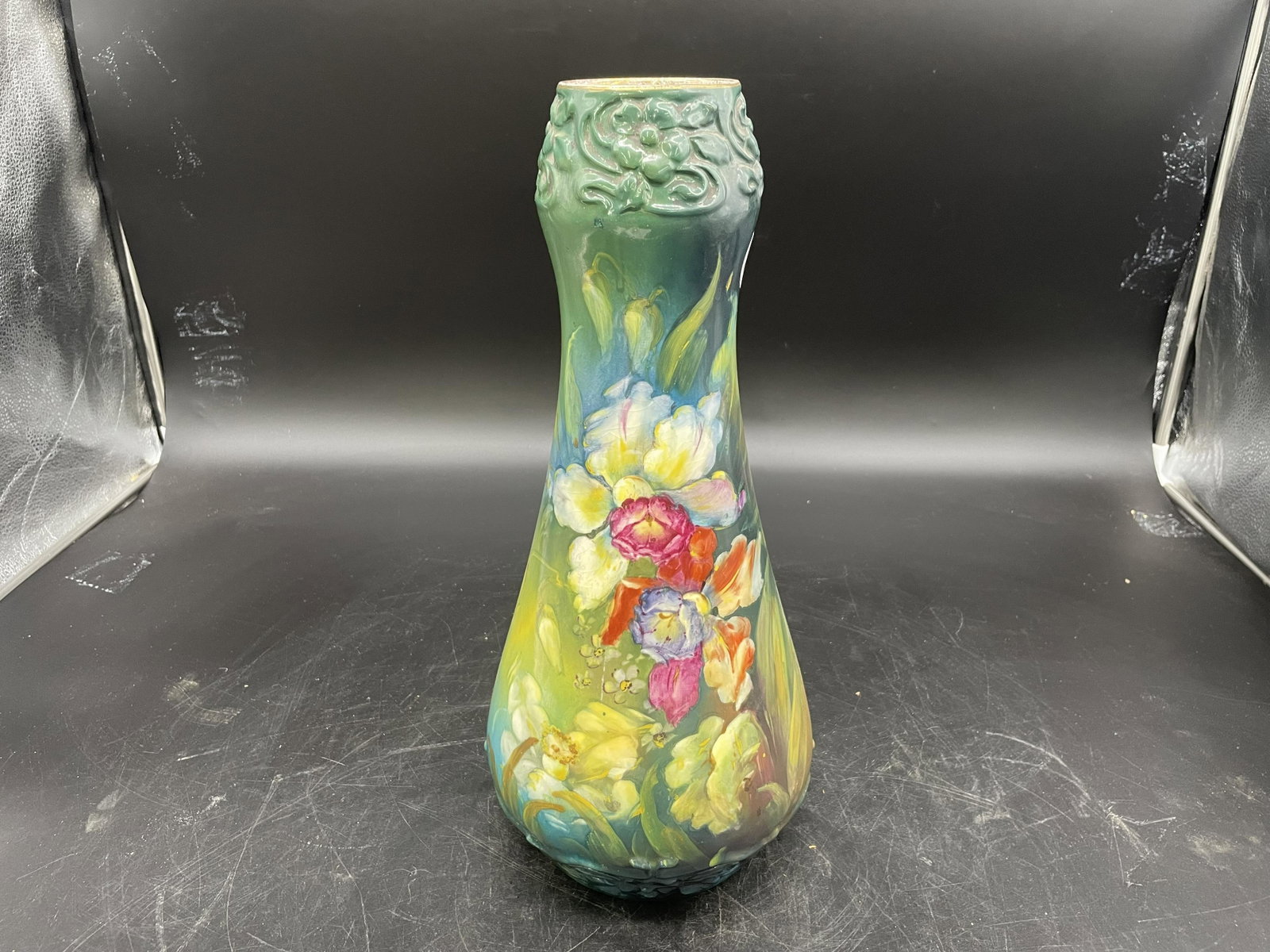 Royal Bonn Vase: 19"H, floral design, signed on base.