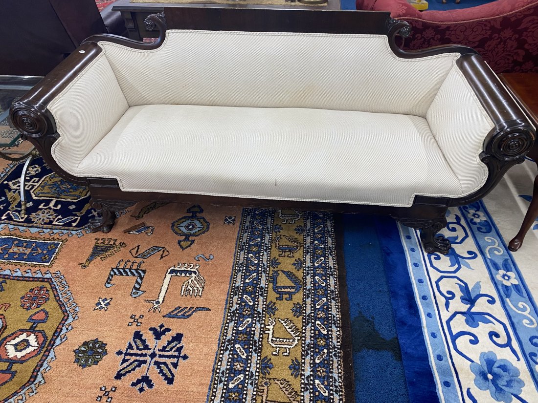 Period Philadelphia Chippendale Sofa: 34"h x 75"w x 28"d, sits on carved claw feet